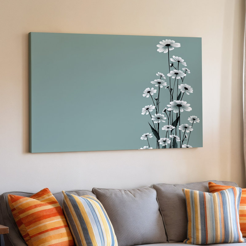 Toile, composition minimaliste composée de fleurs blanches délicates avec de petites fleurs et de fines tiges vert foncé fixées contre une toile