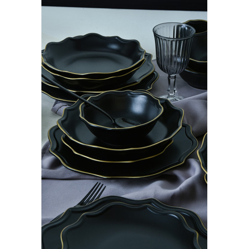 24-Piece Ceramic Dinner Set, Matte Black, 6 Service Plates (10.6 in), 6 Dinner Plates (8.7 in), 6 Cake Serving Plates (7.9 in), 6 Bowls (5.9 in) | 100% Ceramic Stoneware, Antibacterial, Eco-Friendly, Dishwasher Safe, Easy to Clean