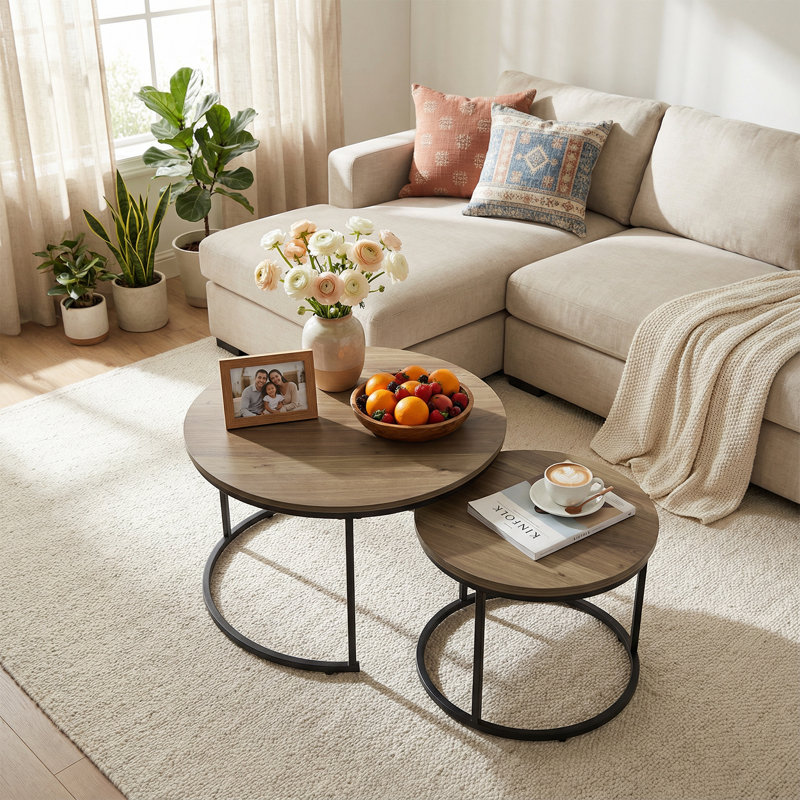 2-pieces Round Nesting Coffee Table Metal Frame And Wood Finish Side Tables, Brown