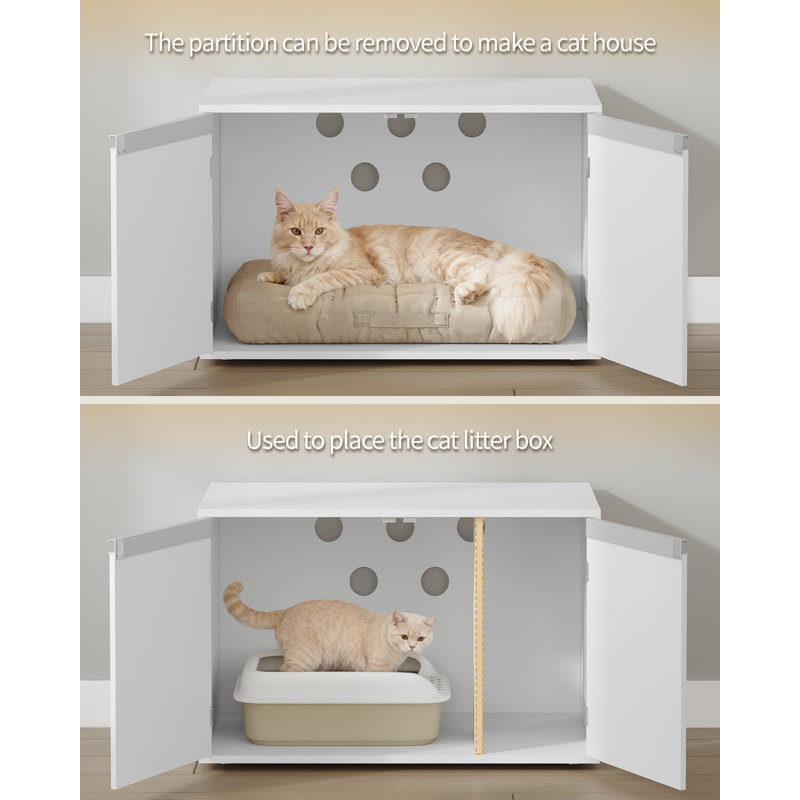 Cat Litter Box Enclosure with Removable Divider, Hidden Litter Box Furniture with Reversible Entrance Left or Right Side, Wooden Cat House, Modern, 80 x 48.3 x 48.5 cm, White