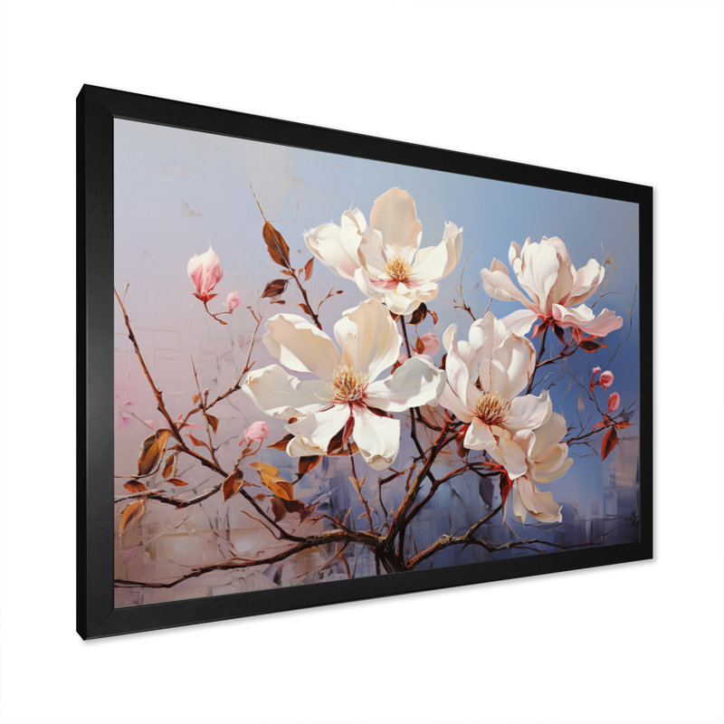 " White Blue Magnolias Romantic Impression ", H 24 po x l 32 po x P 1 po, Cadre simple noir