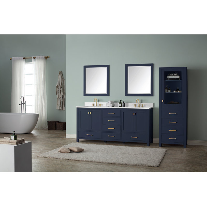 Modero 60" Double Bathroom Vanity with Top, Cala White Marble, Navy Blue