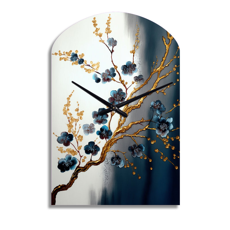 Blue Cherry Blossom Branch V - horloge en métal Bonsai, Moyenne