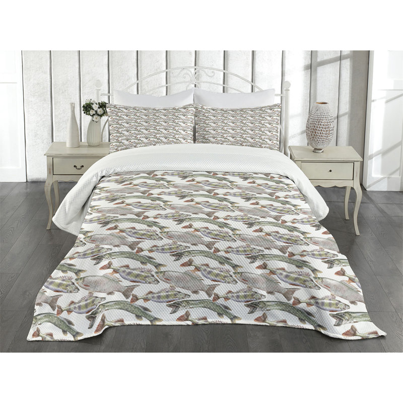 White Quilted Queen Bedspread Set with Fish Design