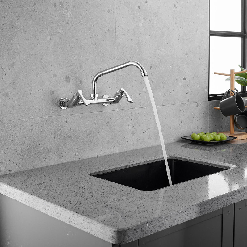 Double-Handles Commercial Sink Faucet With 8" Swivel Spout 8" Center Wall Mount Standard Kitchen Faucet