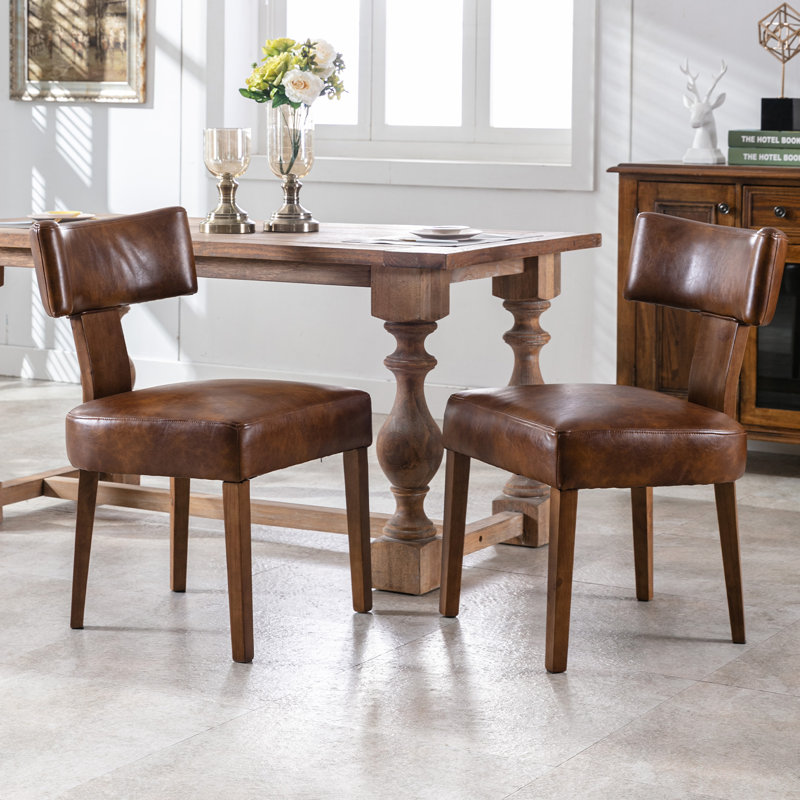 Brown Faux Leather Upholstered Dining Chairs with Wood Frame, Set of 2