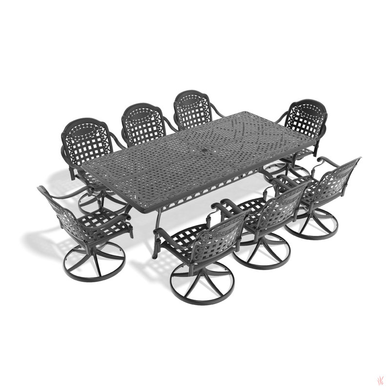 Cet ensemble de salle à manger en fonte d'aluminium toutes saisons comprend des chaises pivotantes et une table ronde avec cadre noir