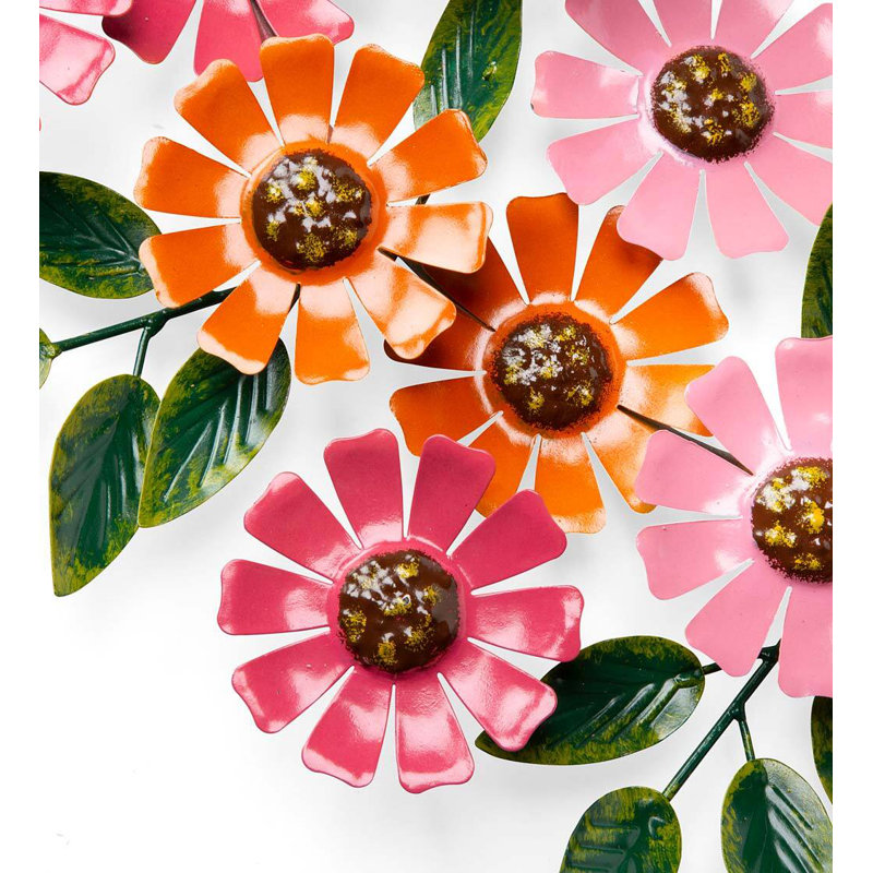 Couronne en métal fabriquée à la main de zinnias roses et oranges