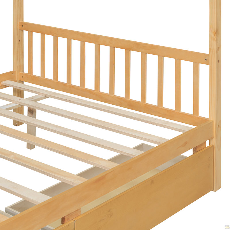 Lit double en bois avec tiroirs, Naturel, Full