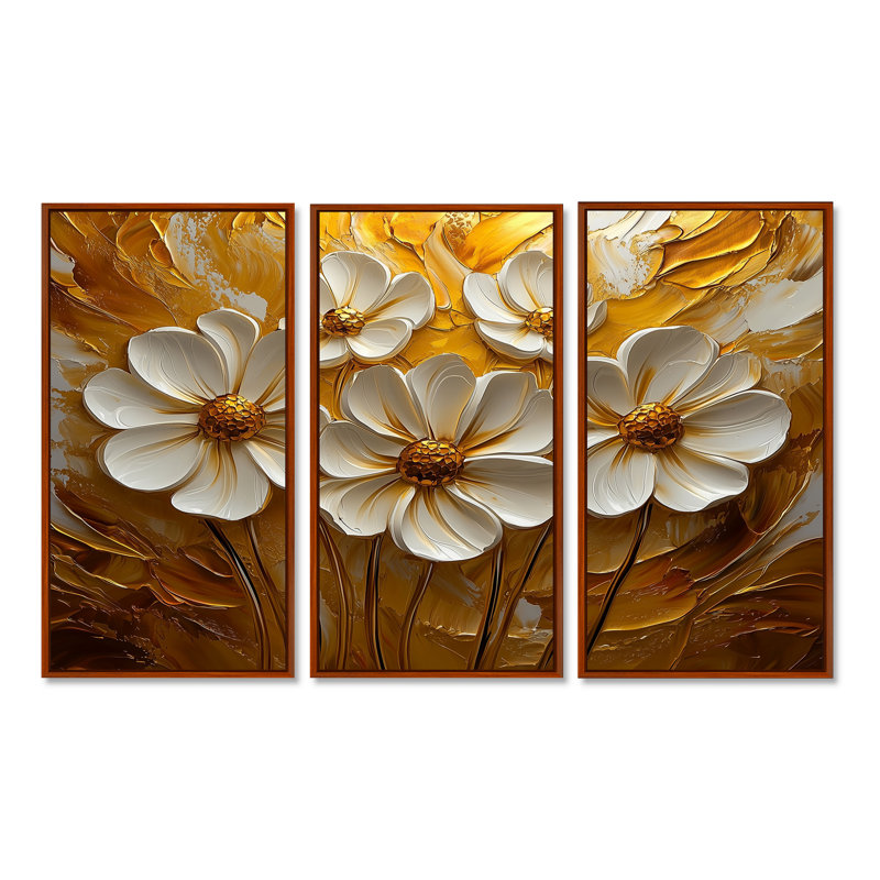 Fleurs blanches et dorées, Wildflowers I - ensemble de 3 fleurs sauvages, H 28 po x l 36 po, Brun