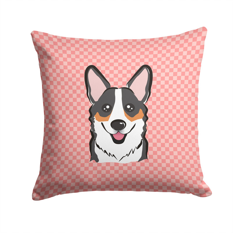 Coussin décoratif intérieur/extérieur corgi damier, H 14 po x l 14 po x P 4 po, Rose