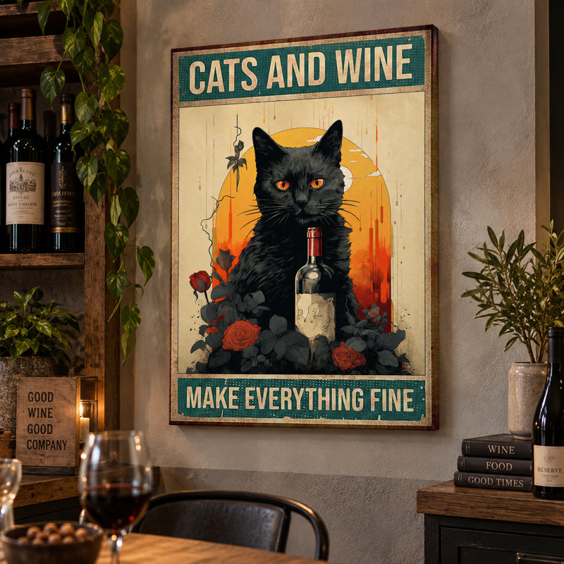 Art mural sur toile «Cats and Wine Make Fine» - Décoration de salon, de chambre à coucher ou de bureau, L 40 po x H 60 po