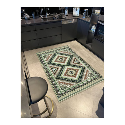 Tapis tissé lavable à motif quadrilatéral vert