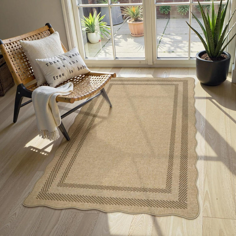 Scalloped Easy Outdoor Rug, Washable Non-Slip Geometri Tan Rugs For Entryway, Indoor Outdoor Farmhouse Rug Morden Carpet Door Mat Area Rug For Bedroom Living Room Kitchen