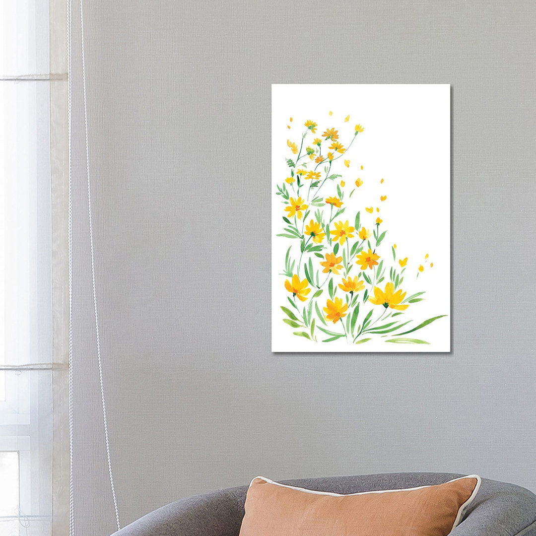 Gelbe Aquarell-Wildblumen von Blursbyai - Galerie-umwickelte Leinwand Giclée auf Leinwand ohne Rahmen