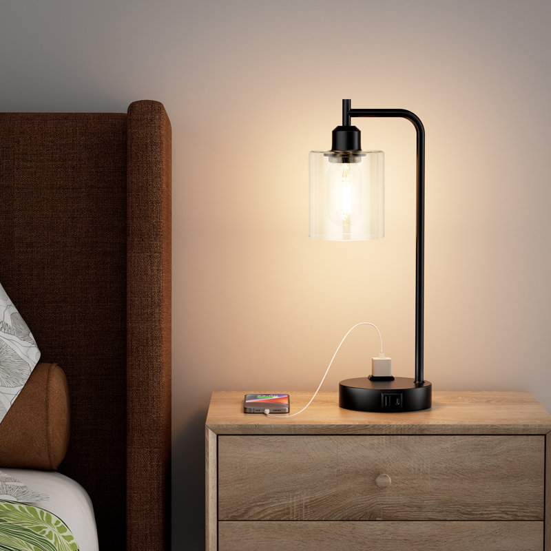 16.5'' Industrial Glass Table Lamp Set with Touch Control, AC Outlet and USB A&C, Black