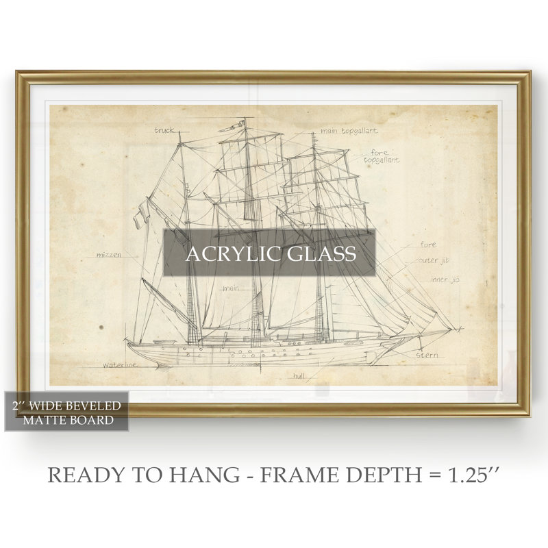 « voilier blueprint i », impression sur toile, H 22,5 po x l 30,5 po x P 1,5 po, Or