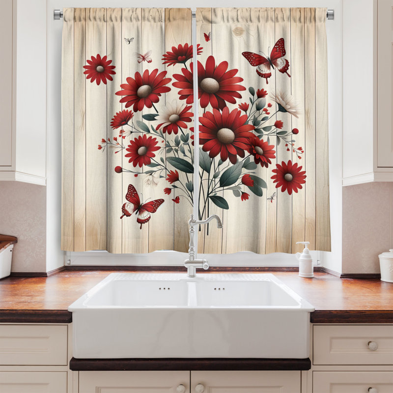 Floral Red and Blue Polyester Kitchen Tier Curtains