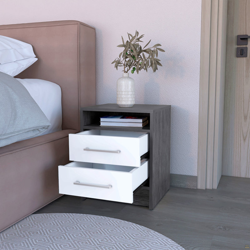 Nightstand Cartiz, Two Drawers, Black/White