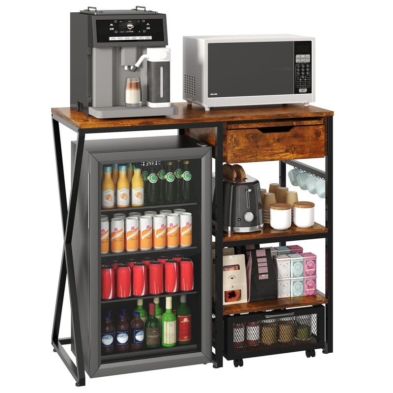 Mini support de réfrigérateur 41,7 pouces, support à micro-ondes à 3 niveaux avec prise de courant, tablettes de rangement, panier et plateau coulissant, organisateur de bar à café robuste pour petits espaces 160 lb