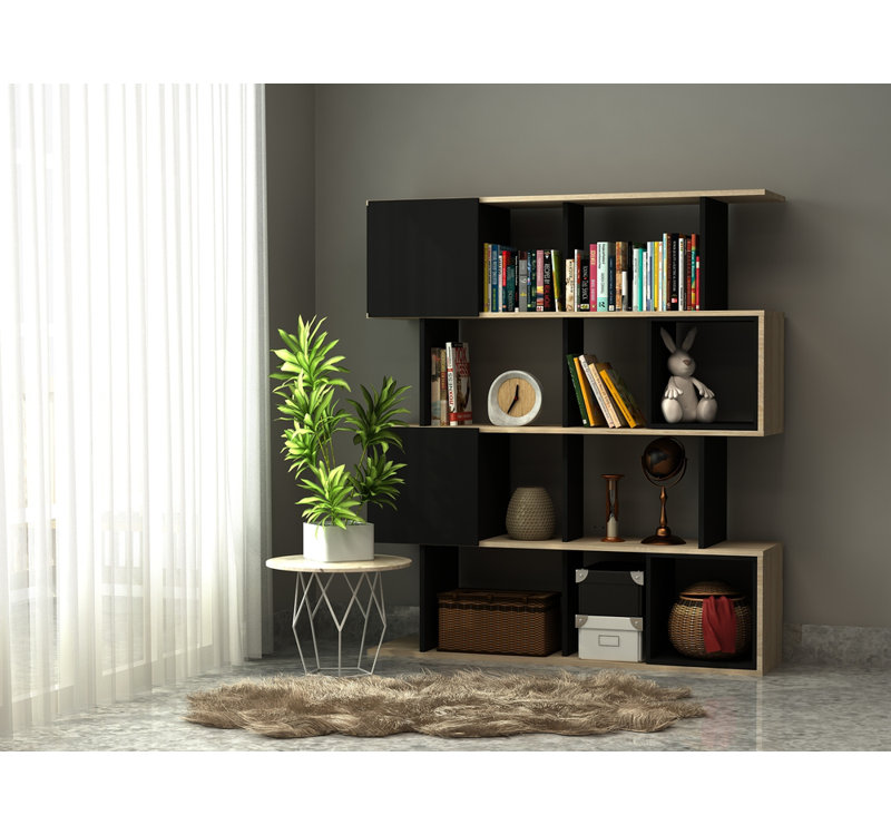 Black and Beige Geometric Manufactured Wood Bookcase