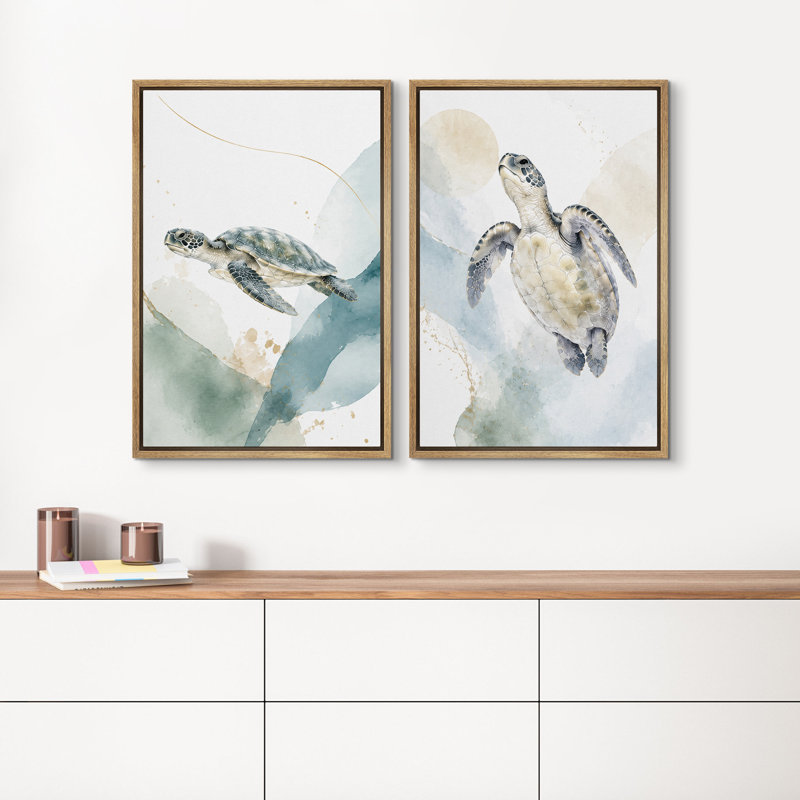 «Sea Turtle Ocean Abstract Coastal Nature», reproduction d'art encadrée sur toile, 2 pièces, 36" H x 24" W, Natural