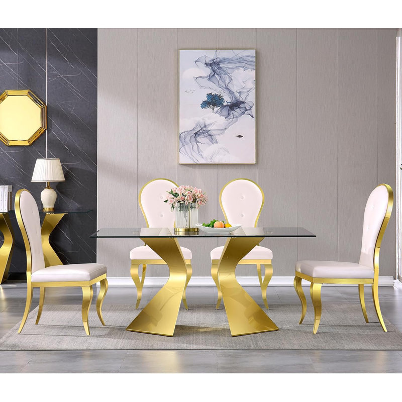 Ensemble de 6 chaises de salle à manger blanches et dorées avec dossier en forme d'arachide et pieds dorés