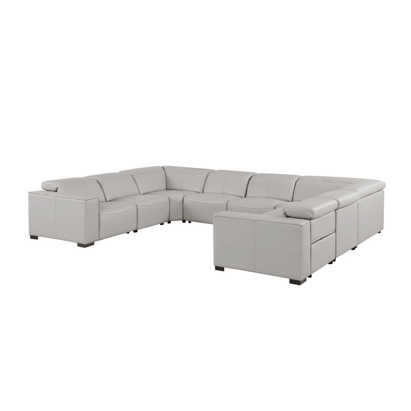 Luxurious 8-Piece U-Sectional In Genuine Leather With 2 Power Recliners With Power Headrests, Light Gray