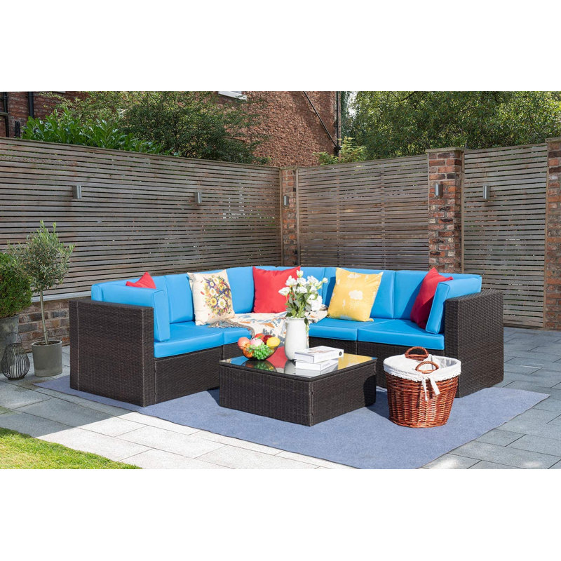 Christopher Wicker 5 - Person Modular Patio Conversation Set with Cushions, Blue