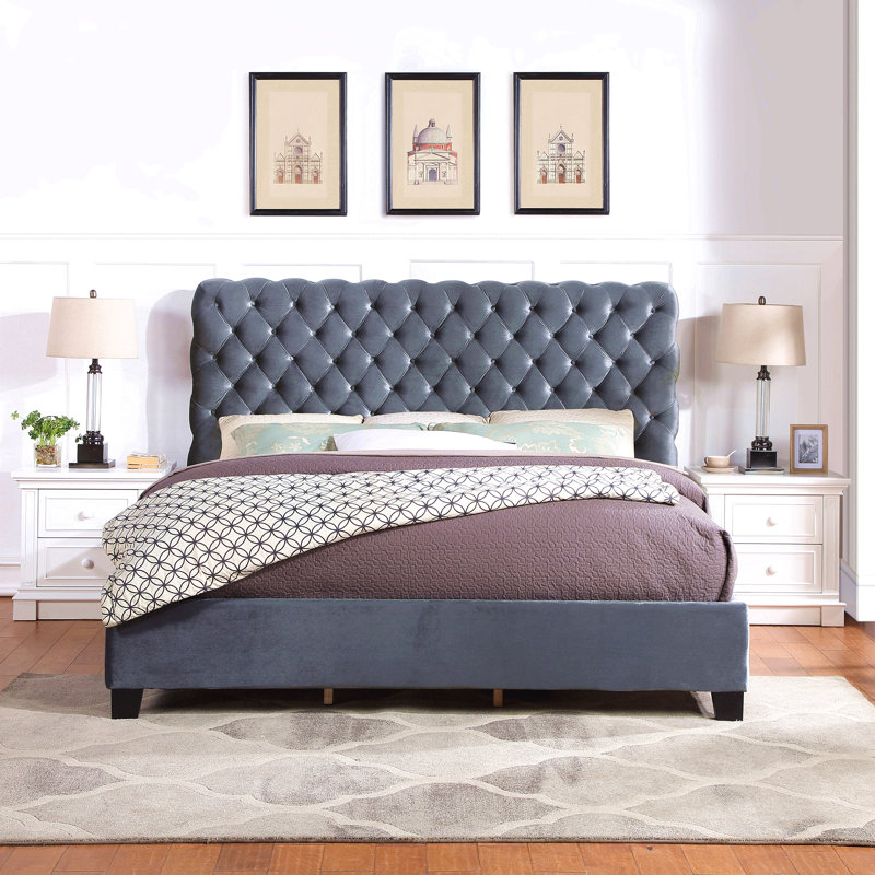 Lit capitonné en velours capitonné Roundhill Furniture Apoera, très grand, gris