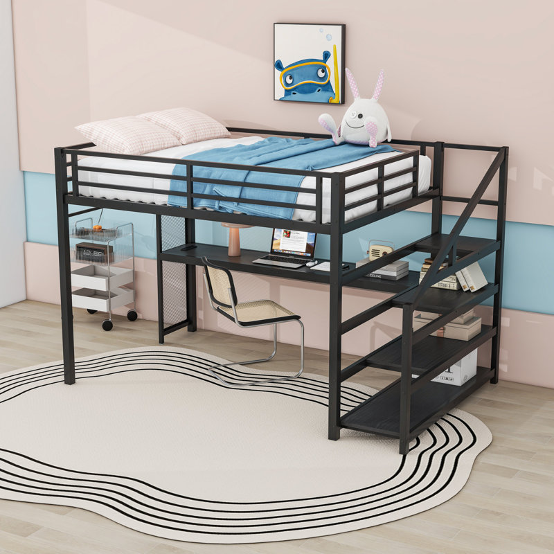Structure de lit mezzanine en métal avec bureau intégré, tablettes et ports USB, Grand lit
