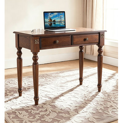 Bureau d'écriture vintage en bois massif avec 2 tiroirs et pieds tournés
