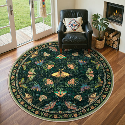 Animal & Insect Floral Round Rugs – Machine Washable with Non-Slip Backing Area Rug for Living Room, Dining Room, Bedroom