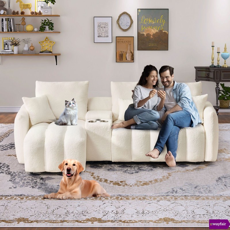 Naomi 91.73 "W Fixed L-shaped teddy fleece sectional, with USB Port And Center Console., Beige Teddy