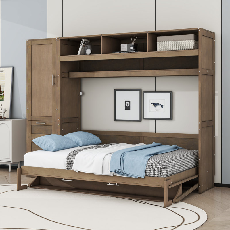 Lit escamotable double en bois avec 3 tiroirs avec garde-robe et tablettes