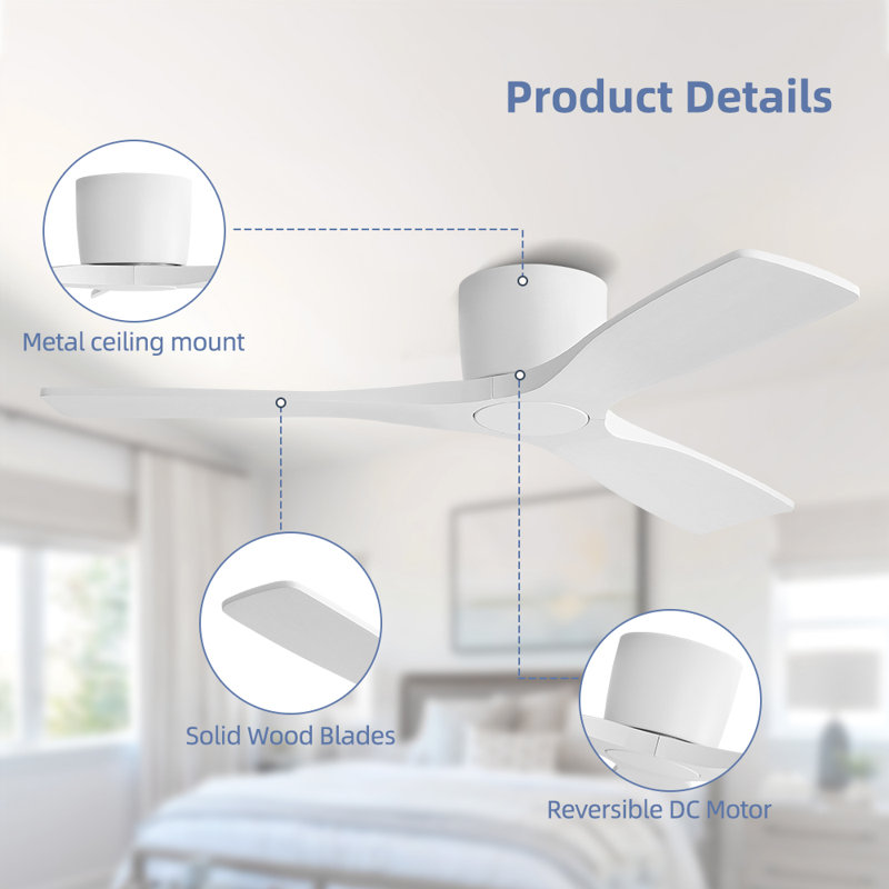 48 Inch 3 Carved Solid Wood Blades Flush Mount Ceiling Fan 6-Speed Noiseless Reversible DC Motor With Remote, White, White