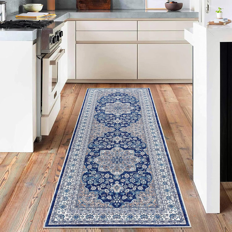 Vintage Washable Area Rug, Floral Medallion, Soft Accent Carpet for Living Room, Bedroom, Entryway, Non-Slip, Low-Pile