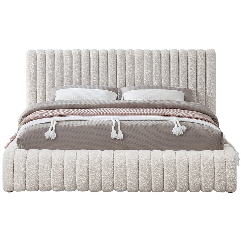 Lit à panneaux Nash, Tissu bouclé crème, Très grand