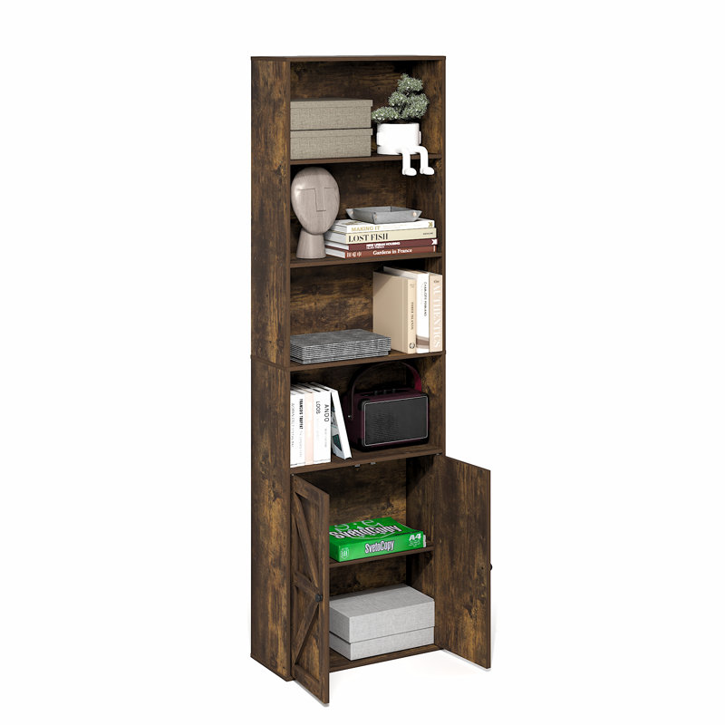 Jensen Farmhouse 6-Shelf Display Bookcase, Bookshelf with Doors, Amber Pine
