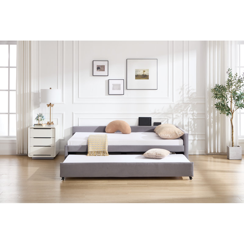Velvet Upholstered Daybed With Pull-Out Trundle, Modern Diamond Grid Design, Luxury Multifunctional Sofa Bed For Bedroom & Living Room