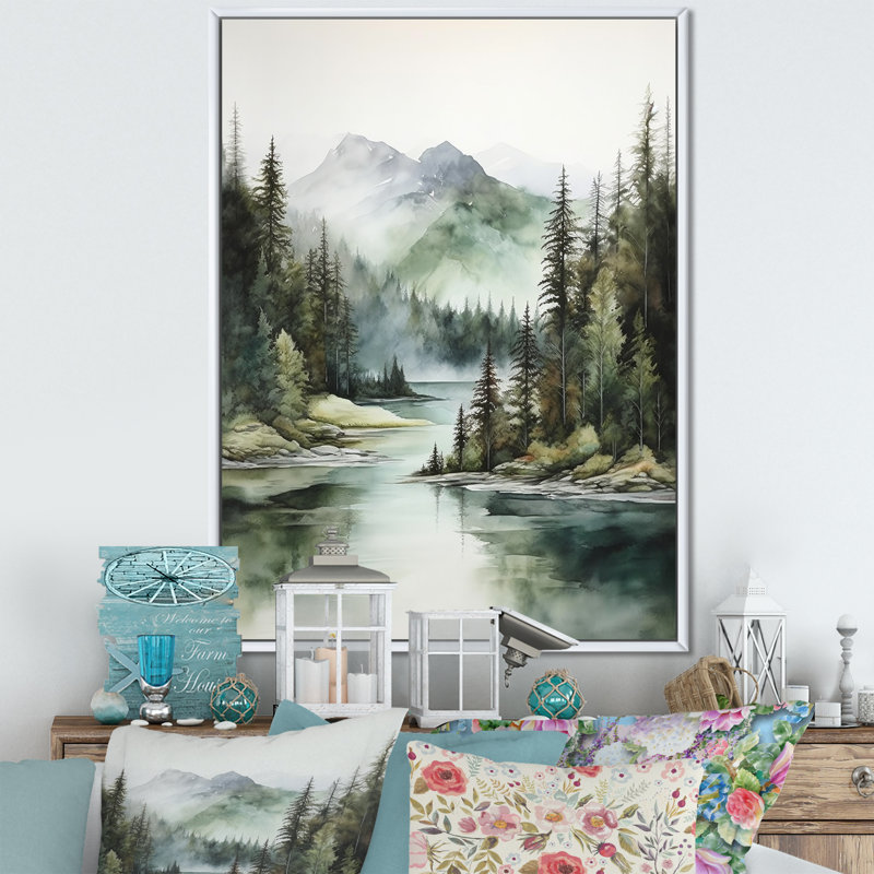 Impression sur toile, "Minimalisme lac tranquillité I", Cadre flottant blanc, H 44 po x l 34 po x P 1,5 po