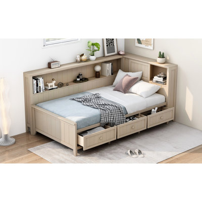 Lit de jour simple style avec 3 tiroirs et tablettes de rangement, blanc antique, espace en bois sans sommier, tiroirs, fabrication solide,