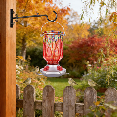 Hand Blown Glass Hummingbird Feeder With Ant Moat, 4 Feeding Ports With Perches, Leakproof Outdoor Garden Decor