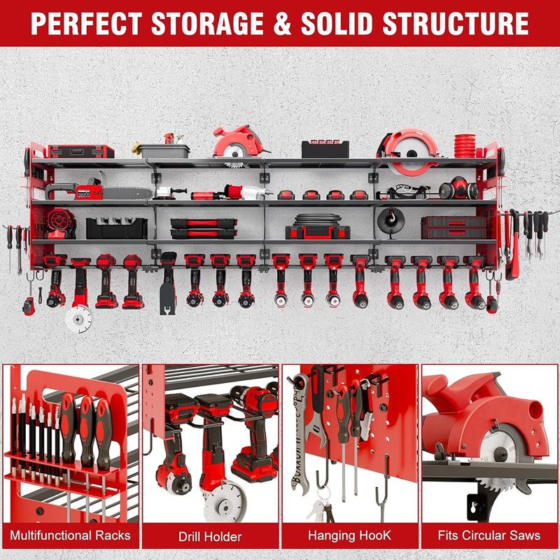 Optimisez la capacité de votre atelier et rationalisez votre flux de travail grâce à un organiseur mural extra-large à plusieurs niveaux pour outils électriques, d'un rouge éclatant. Spécialement conçu pour exploiter au maximum l'espace vertical du mur, ce système de rangement robuste offre une solution performante et durable.