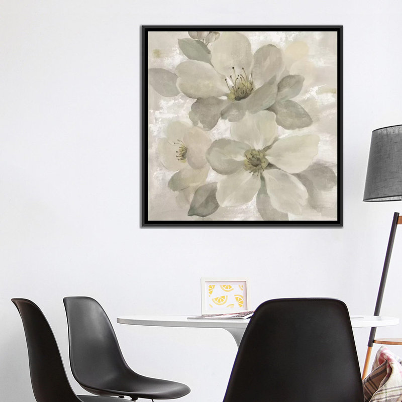 " White On White Floral I " by Silvia Vassileva, 18" H x 18" W x 1.5" D, Black Framed Canvas