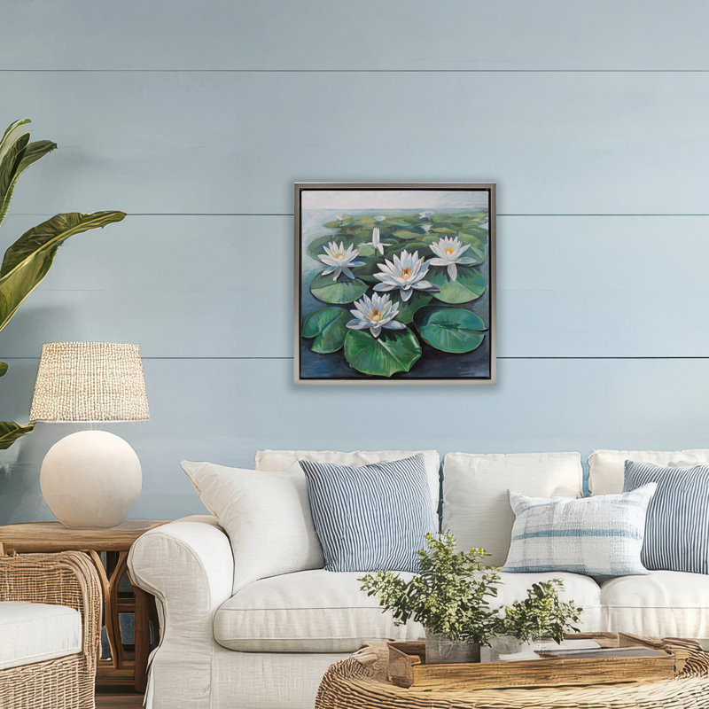 Cadre flottant Peaceful Lily Pad Pond, design par Violeta Vollmer, H 25 po x l 25 po, Cadre flottant gris lustré