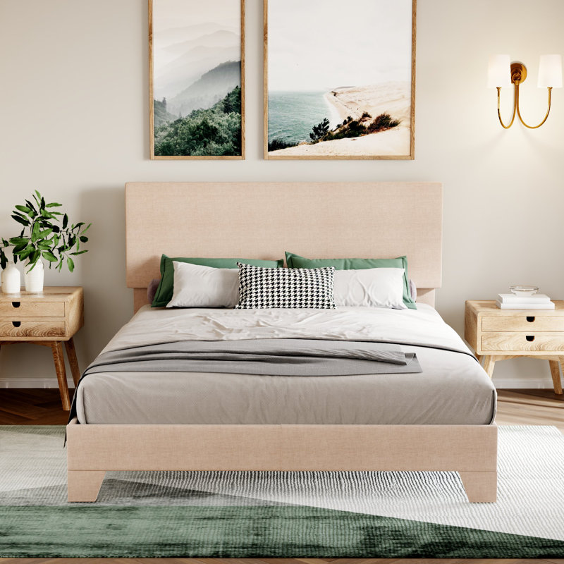 Lit plateforme simple tapissier Avel, Grand, Lin beige