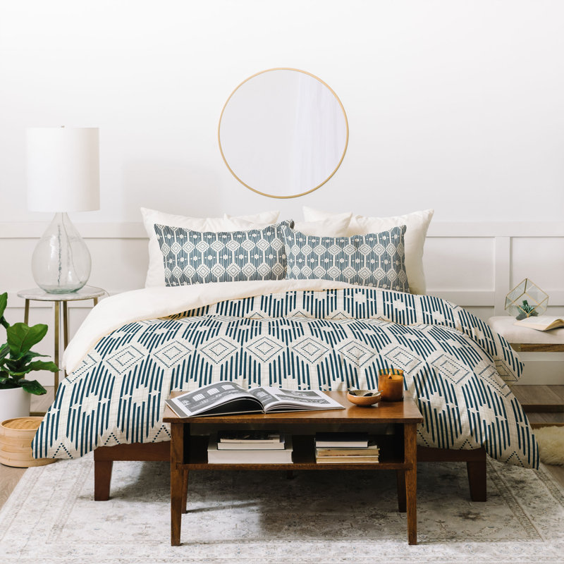 Rustic Polyester Geometric Shapes Duvet Cover, King Duvet Cover + 2 King Shams, Blue/White