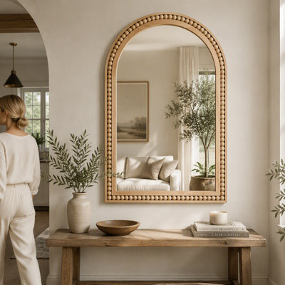 Miroir mural en bois naturel de 20 po x 30 po avec cadre en bois massif perlé et miroir rustique de style campagnard pour entrée, salle de bain et salon