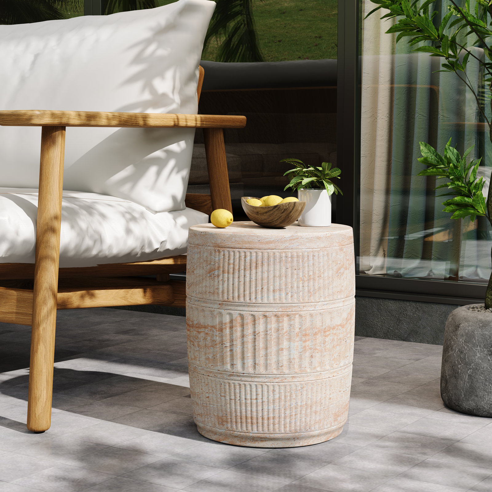 Isolde 15'' Stone Outdoor Side Table, Travertine